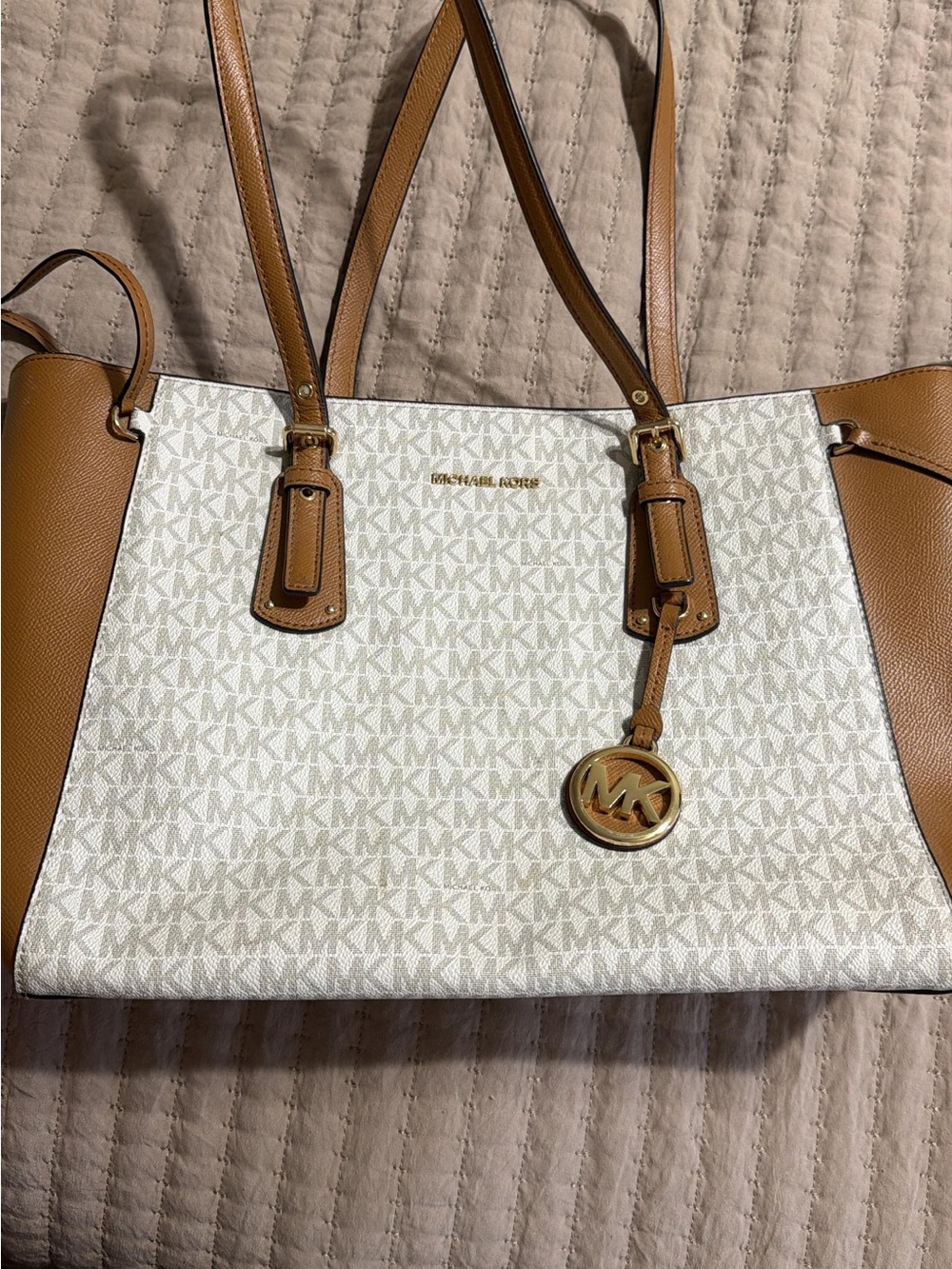 Michael Kors Vanilla and Acorn Logo Tote with Gold Charm